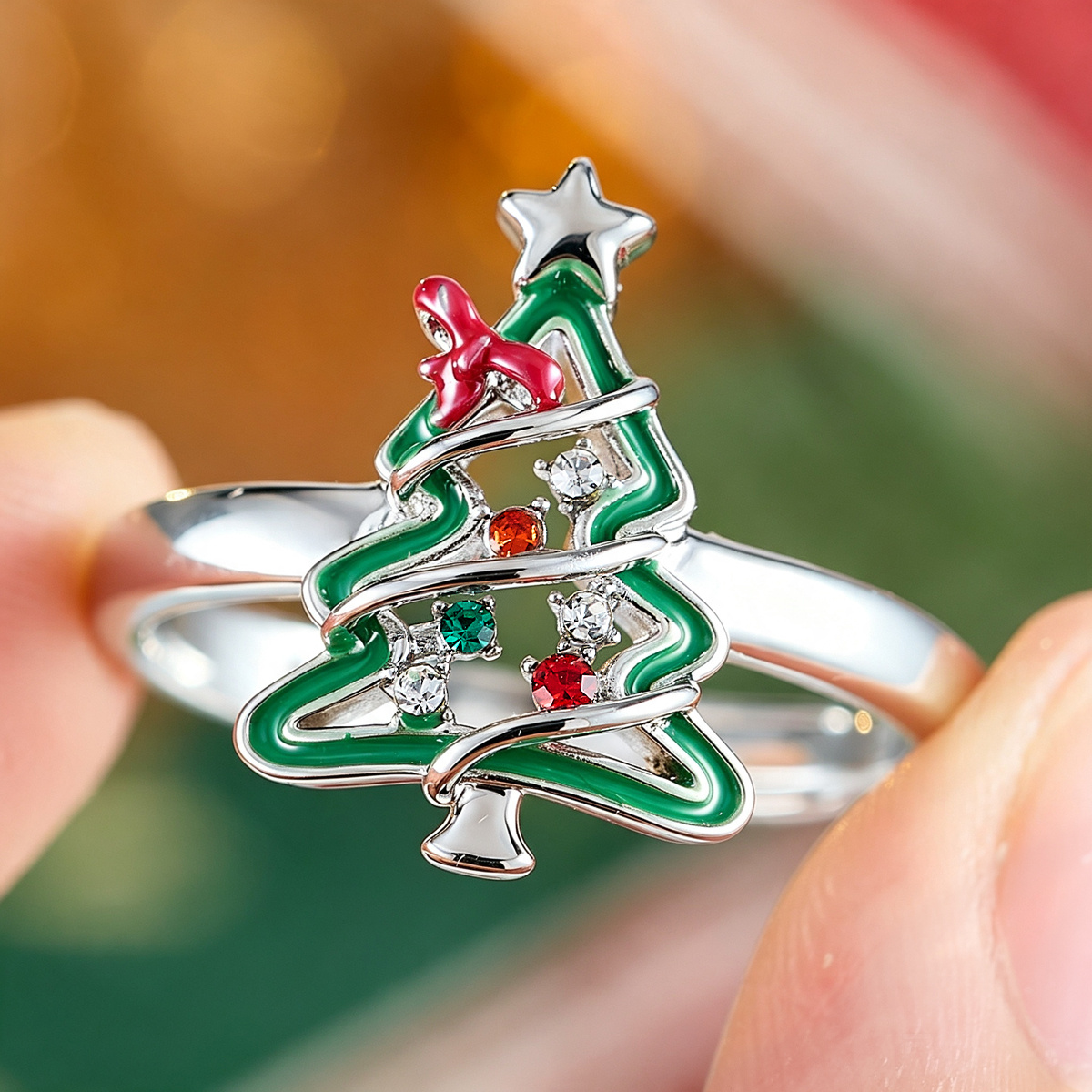 Star Bow Christmas Tree Zirconia Open Ring